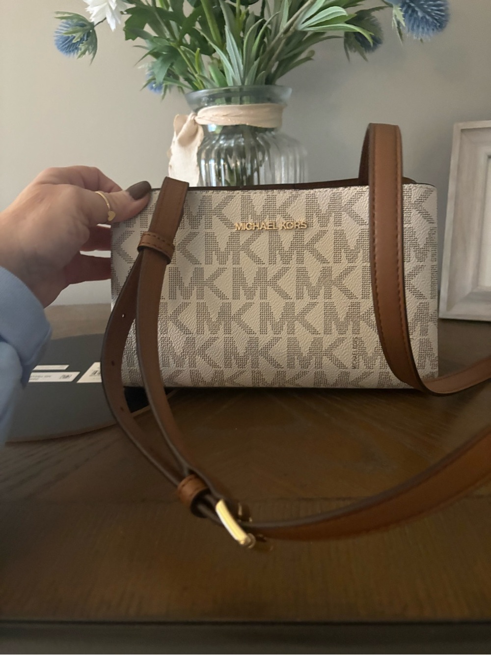Michael Kors Beige Signature MK Crossbody with Brown Leather Trim